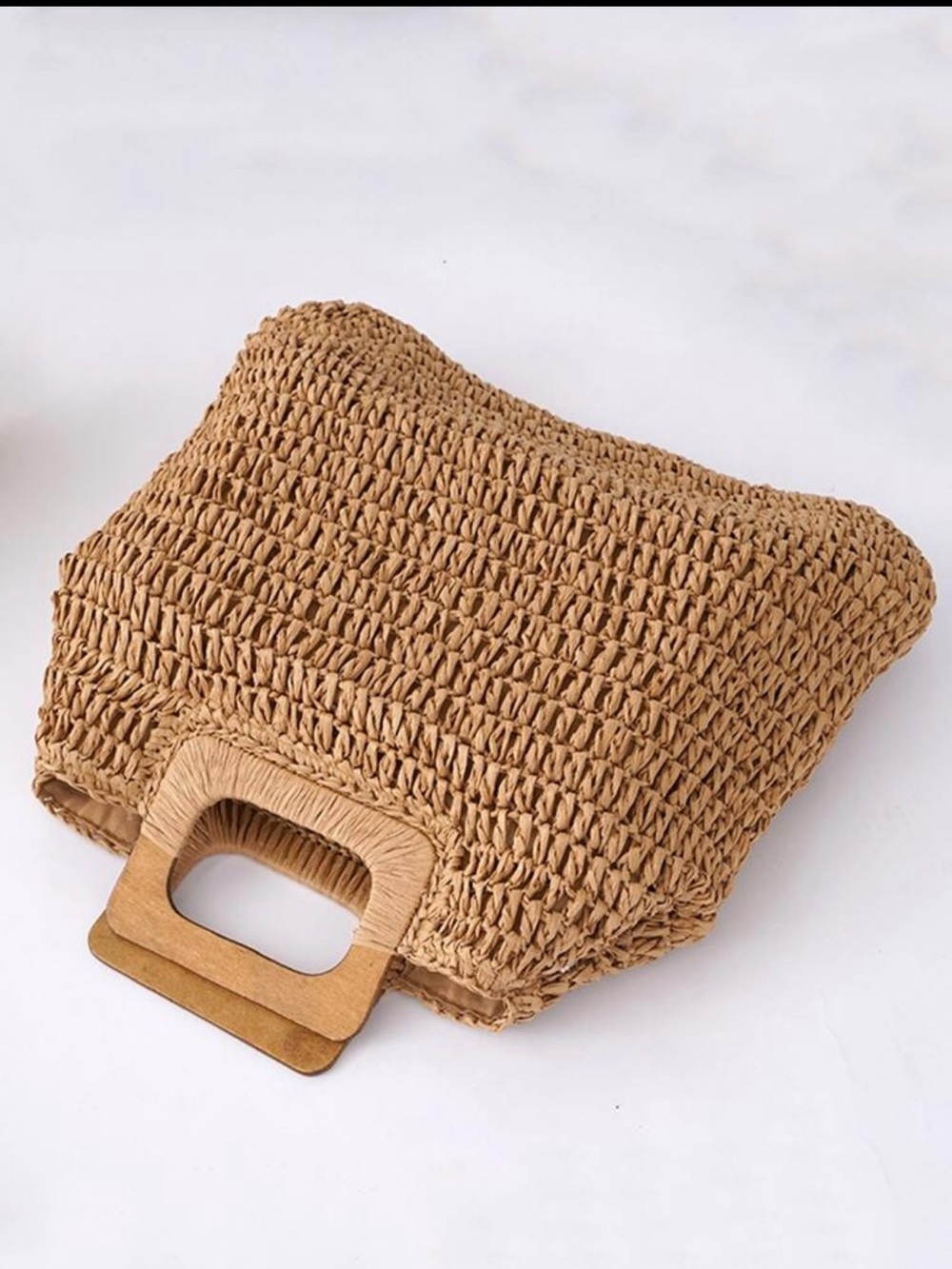 Woven Straw Tote Bag with Wooden Handle - Tan - Picture 2 of 6